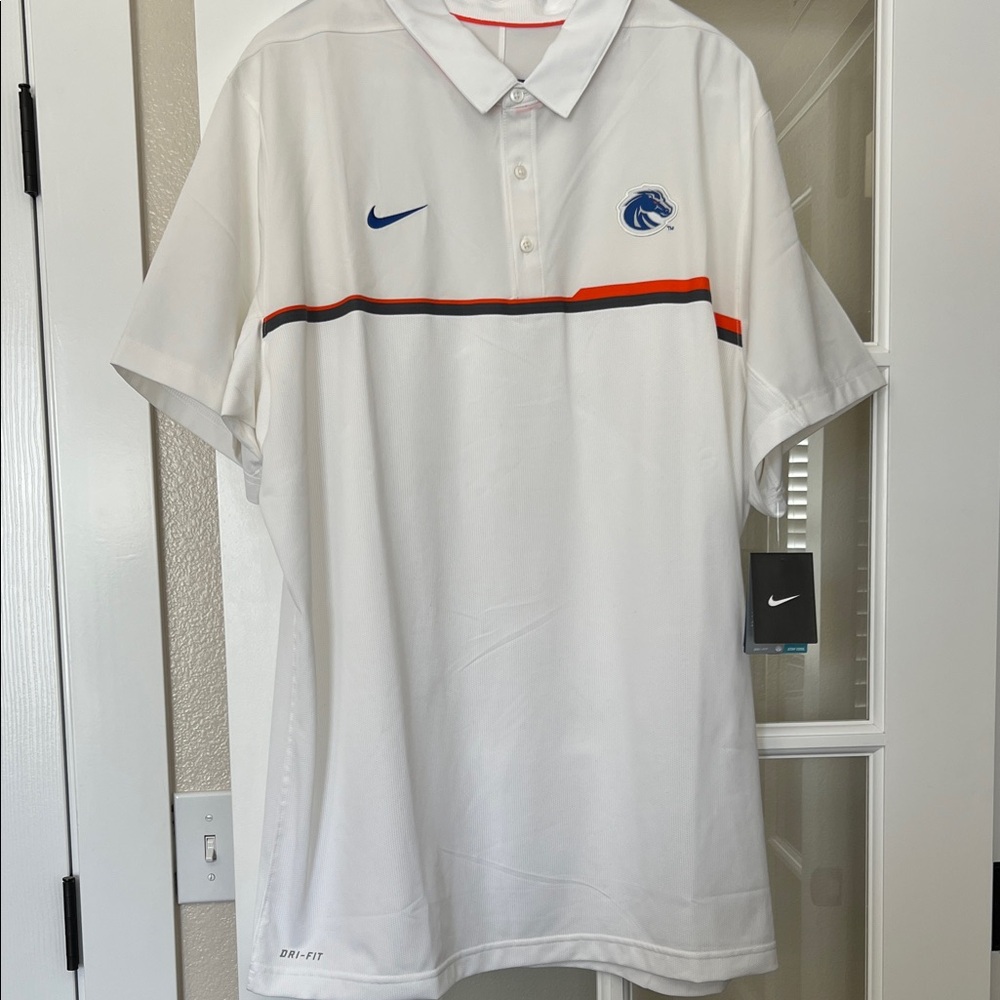 Nike White Polo with Blue Embroidered Logo with Orange & Gray Stripe